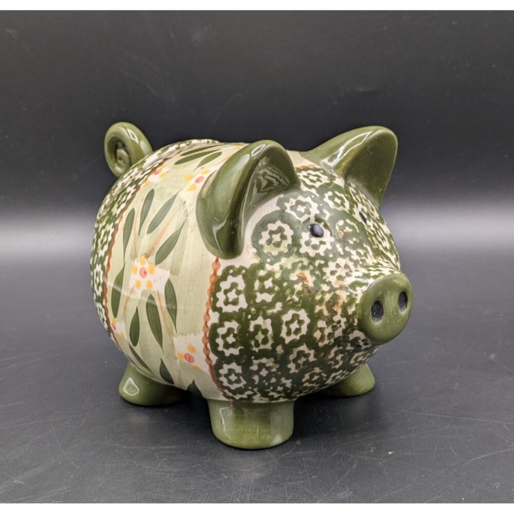 Temptations Old World Green Pig Spice Tea Jar with Lid Stoneware Canister 7"